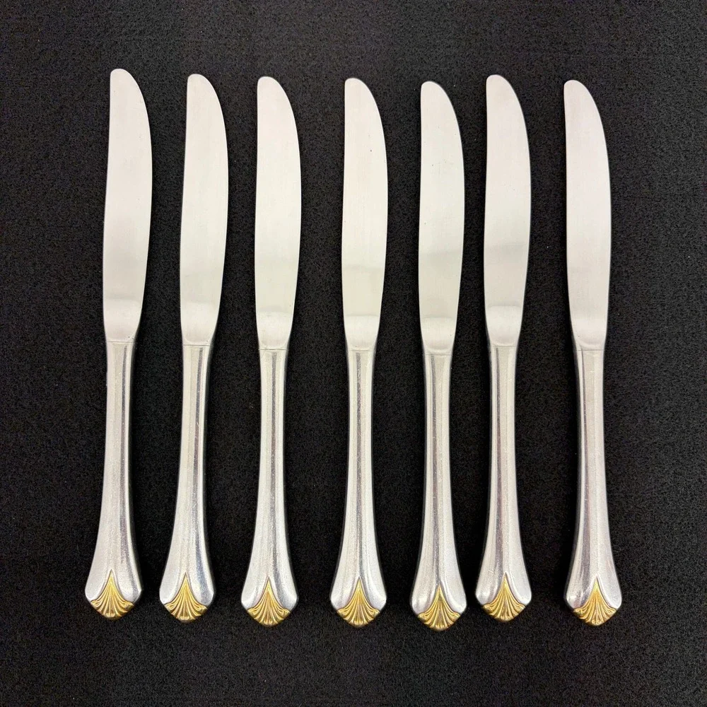 Set of 7 Yamazaki Cara‎ Gold Accent Stainless Table Knives Dining Flatware Japan